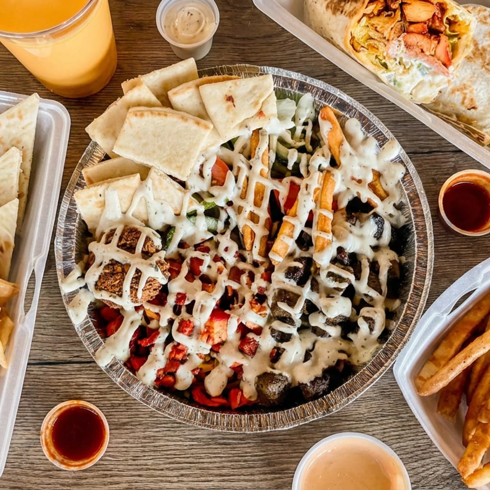Assorted Mediterranean takeout dishes with pita triangles, loaded fries, hummus, sauces, orange drink, and stuffed wraps on a wooden table.