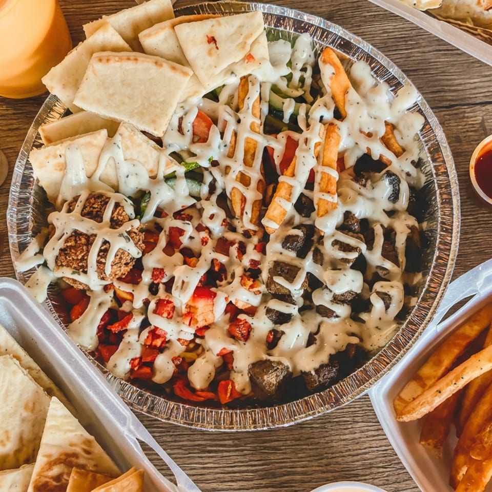 Overhead spread of loaded fries with cheese, grilled meat and vegetables, pita wedges, dipping sauces, orange drink, and fries on a wooden table.