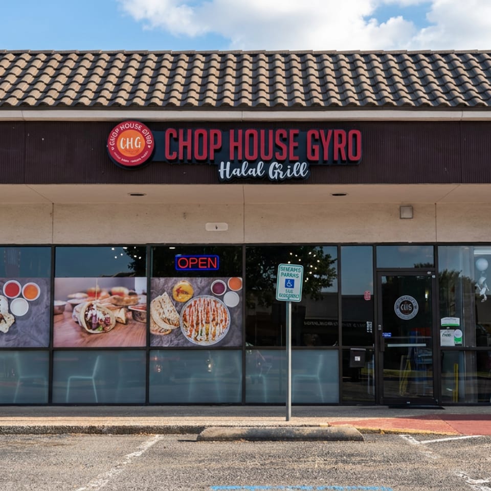 Chop House Gyro Halal Grill storefront with tiled roof, food displays, open sign, and glass entrance.
