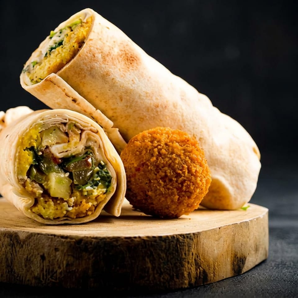 Two stuffed wraps and a golden fried ball arranged on a wooden serving board against a dark background.