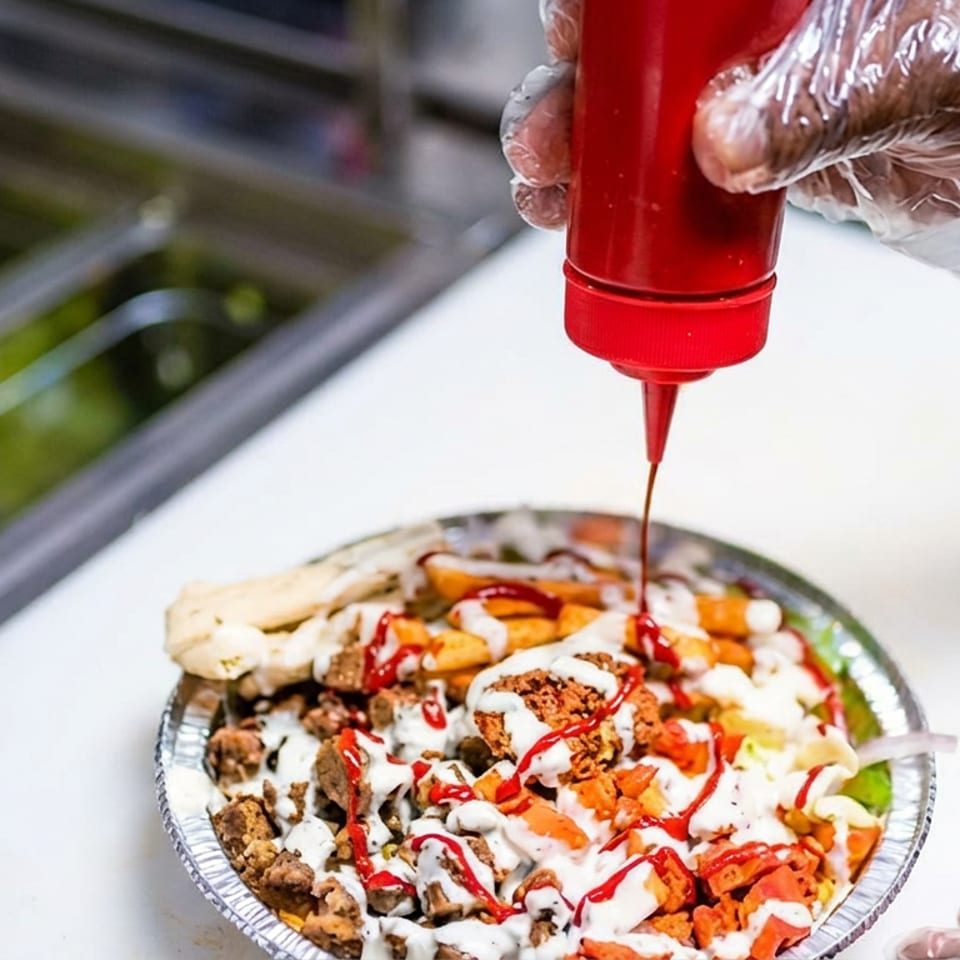 Gloved hands drizzle red sauce over a loaded Mediterranean rice bowl with grilled meat, vegetables, pita, and white sauce.