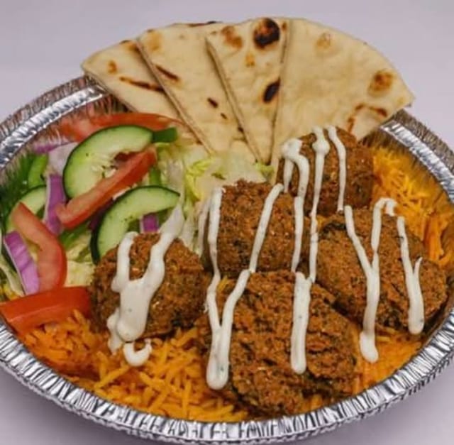 Falafel Over Rice Bowl.